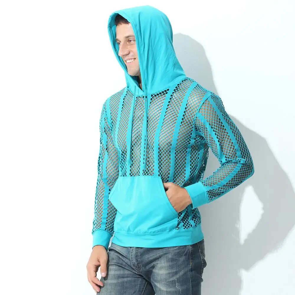 Мужская одежда сексуальные полые сетчатые топы толстовки с капюшоном прозрачная