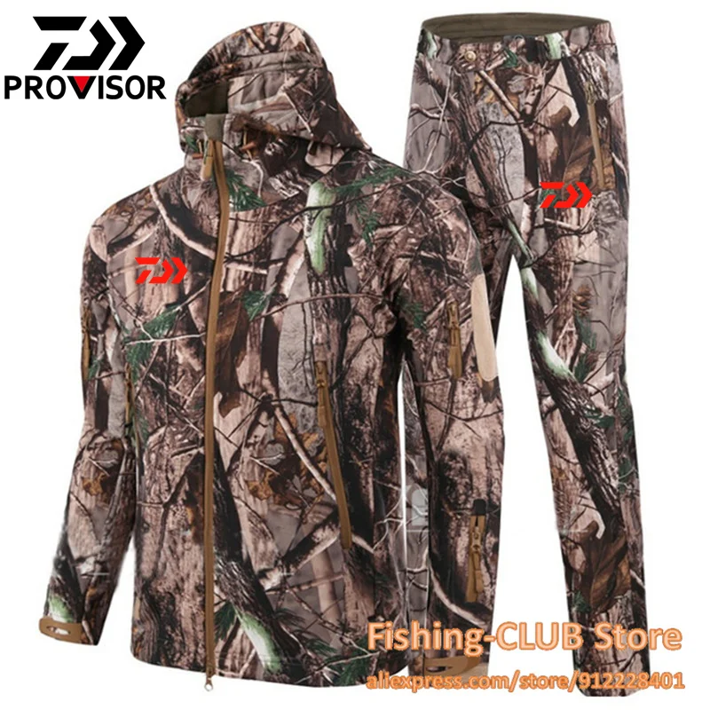 Daiwa Winter Fishing Clothing Set Men Outdoor Waterproof Jackets Softshell Hunting Outfit Thermal Clothes Tactical Hiking Suit