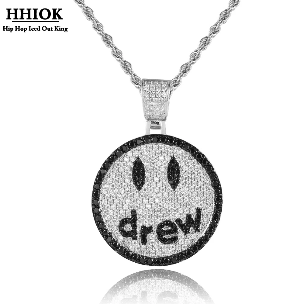

Hip Hop Jewelry Drew Smiley Pendant Necklace Men Women Cubic Zirconia Boyfriend Couple Gift
