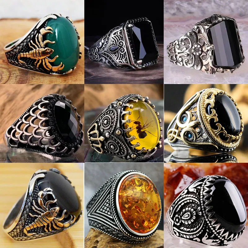 

New Copper Material Inlaid Black Gemstone Men's Ring European and American Embossed Fashion Banquet Senior Diamond Jewelry