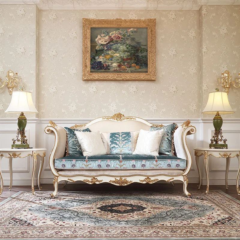 

Court French Hand Carved Solid Wood Cloth Sofa Luxury Villa Pasted With Gold And Silver Foil High-end Furniture Sofa Living Room