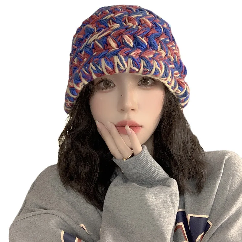 

Autumn And Winter Thick Color Matching Wool Hat Women's Rainbow Gorgeous Warm Hand Knitted Hat Vintage Mixed Color Basin Hat Tid
