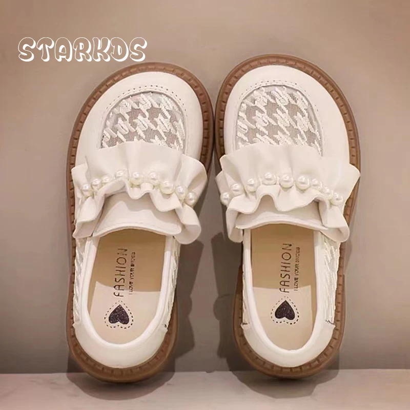 Elegant White Lace Mesh Loafers Girl Thick Sole Houndstooth Slip-on Flats Kids Pearls & Ruffles Princess Shoes