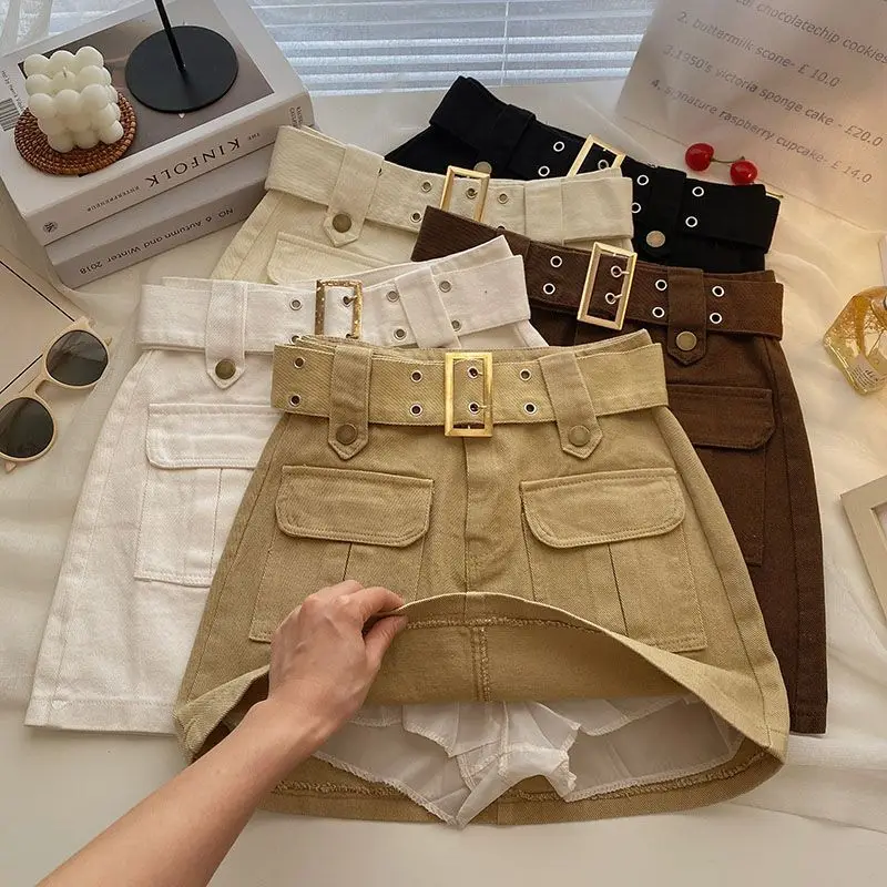

Anti-glare casual high waist bag hip skirt women's 2022 summer new Korean slim A-line skirt Pockets Straight Casual