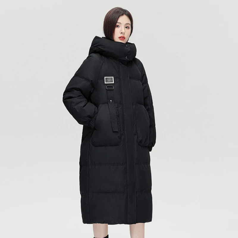 damska biała kurtka puchowa długa kołnierz z kapturem luźna ciepła gruba moda nowość zima 2024