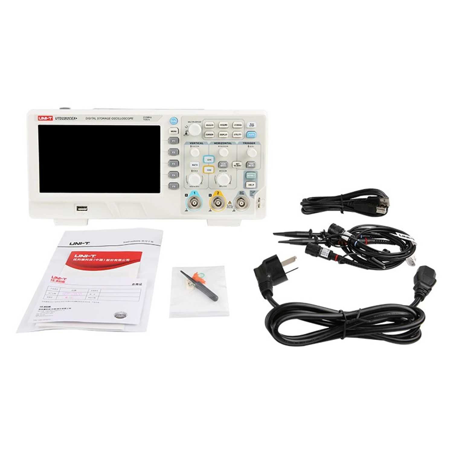 

UNI-T UTD2202CEX+ Digital Oscilloscope USB Dual Channel 200Mhz 1G Sampling Rate High Voltage Probe PC LCD Portable Osciloscopio