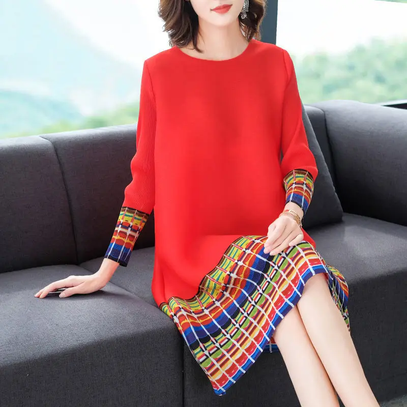 

Модная длинная юбка А-силуэта с принтом для возраста, новинка весны 2022, тонкое Плиссированное женское платье большого размера в европейском...