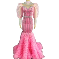 pink long trailing feathers dresses pearl decoration turtleneck mesh lantern sleeve theatrical costume for women performance