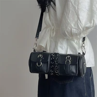 2022 new black pu leather women cylinder shoulder bag y2k cool girl underarm bag hip hop style female handbag crossbody bag