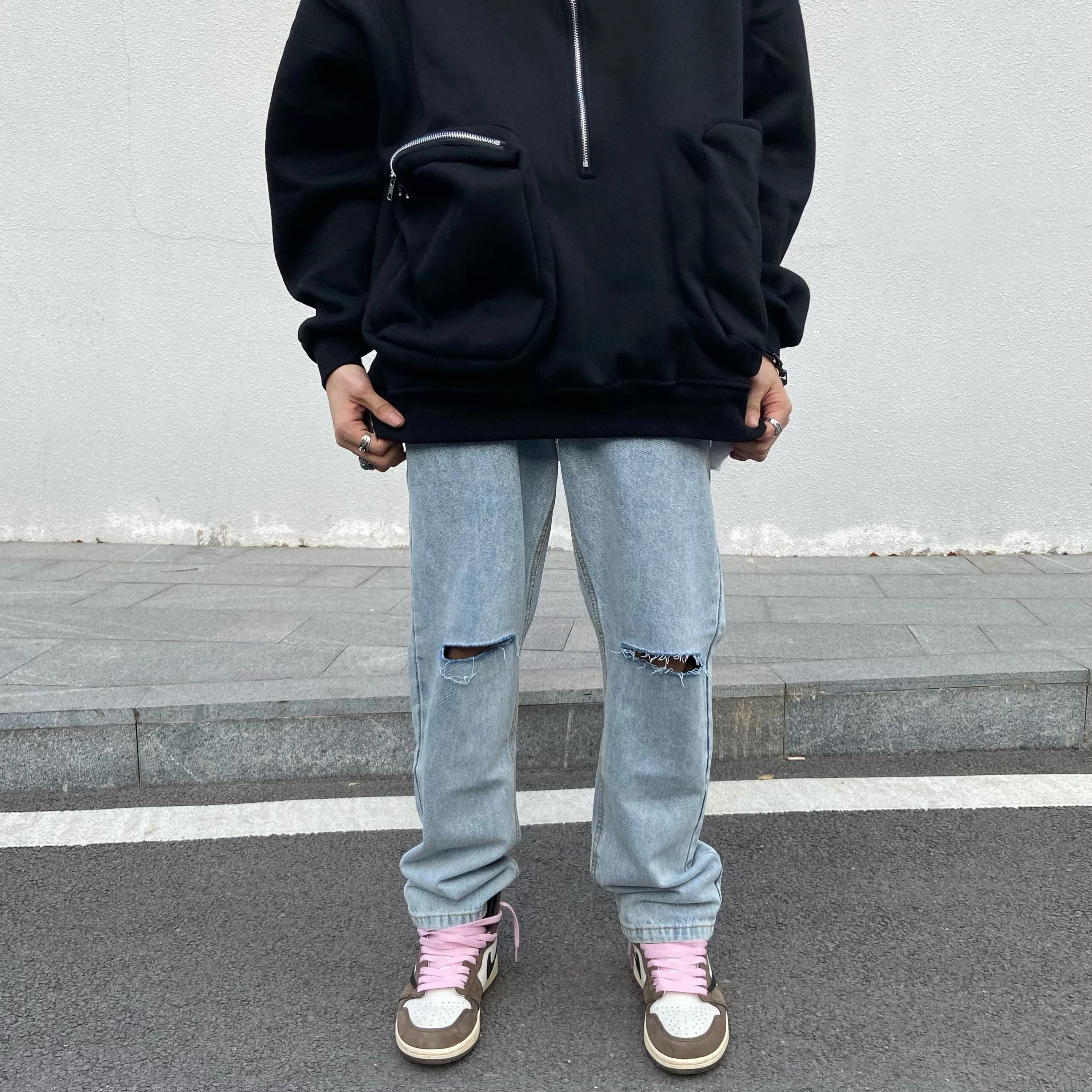 Men's Clothing Men's Jeans Loose Hip Hop High Street Hole Patchwork Design Y2k Street Style Streetwear Korean Fashion Clothing