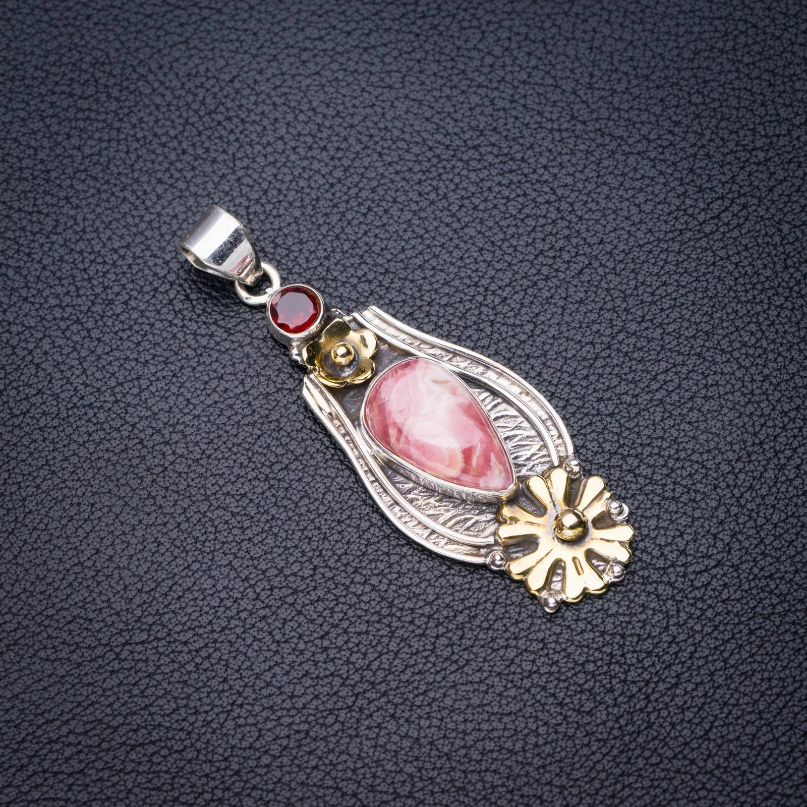 

StarGems Natural Rhodochrosite Garnet Flower Handmade 925 Sterling Silver Pendant 2.25" E4564