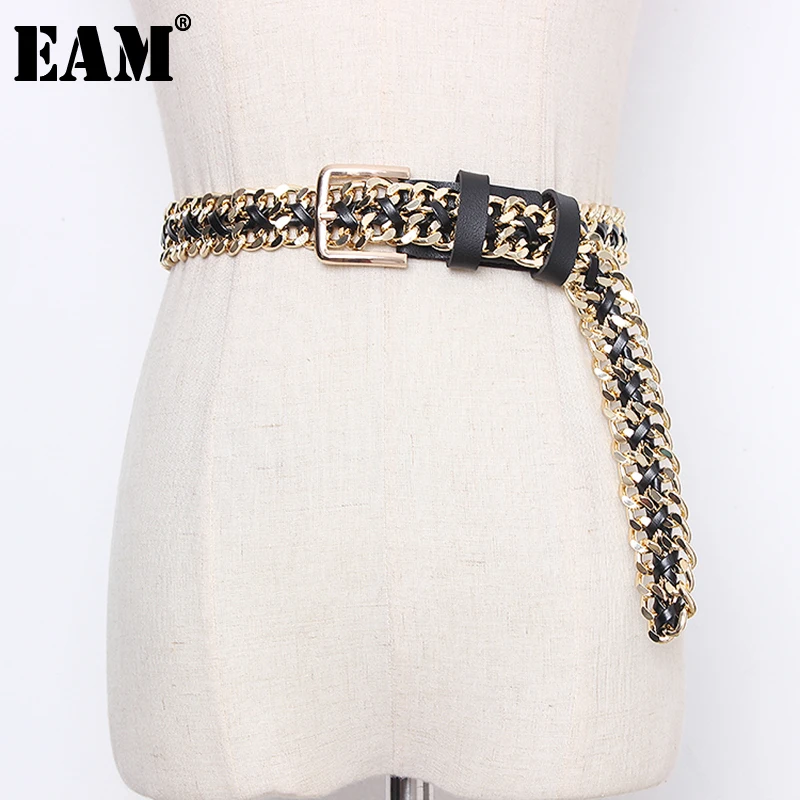 [EAM]  Pu Leather Chain Split Joint Long Wide Temperament Belt Personality Women New Fashion Tide All-match Spring 2023 1N953