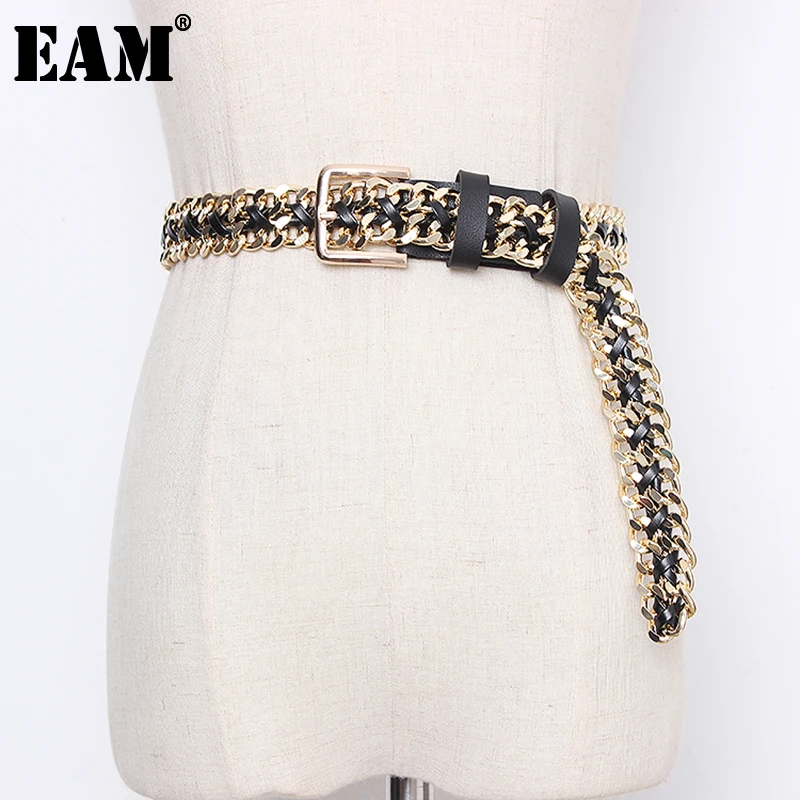 

[EAM] Pu Leather Chain Split Joint Long Wide Temperament Belt Personality Women New Fashion Tide All-match Spring 2023 1N953