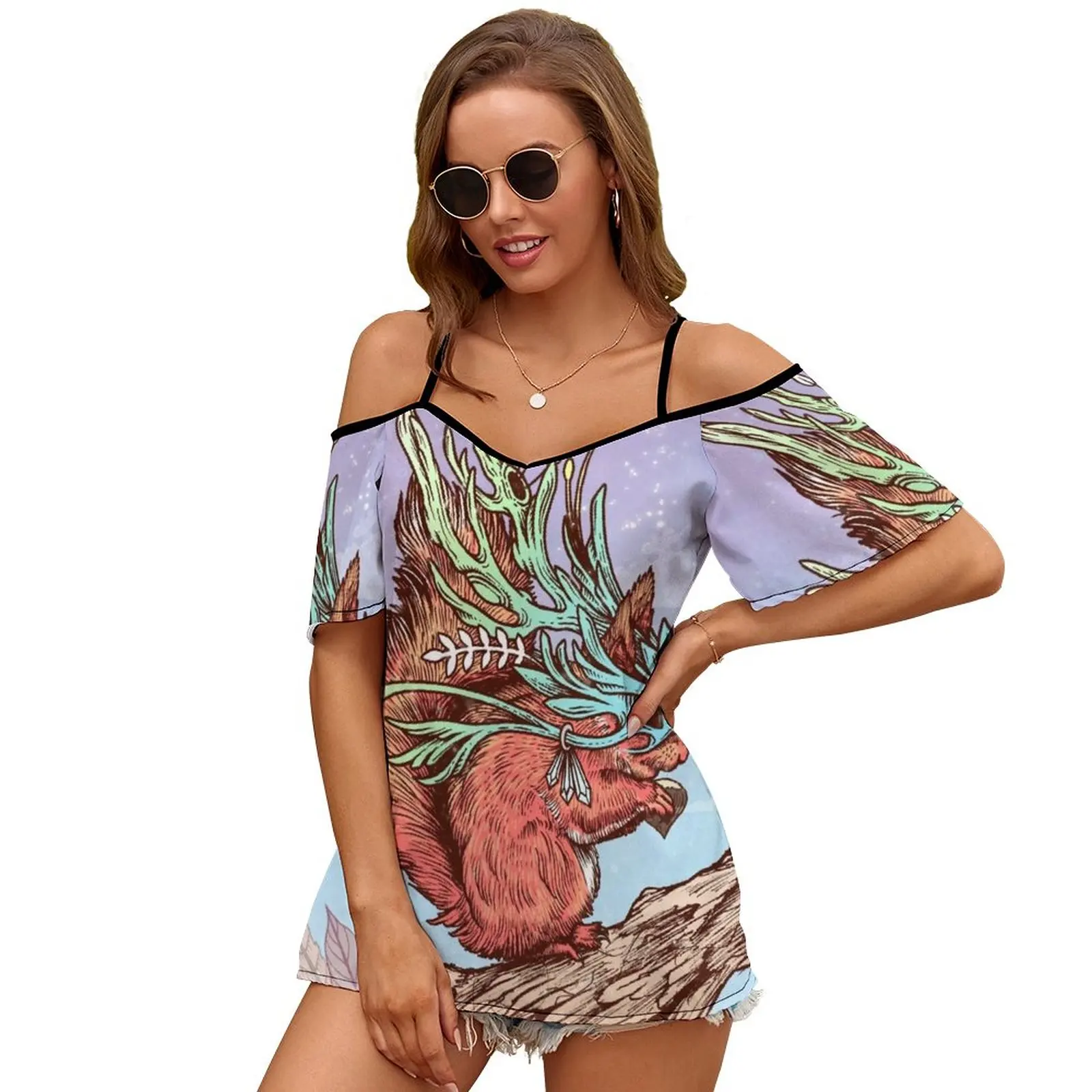 

Женская футболка с коротким рукавом и открытыми плечами