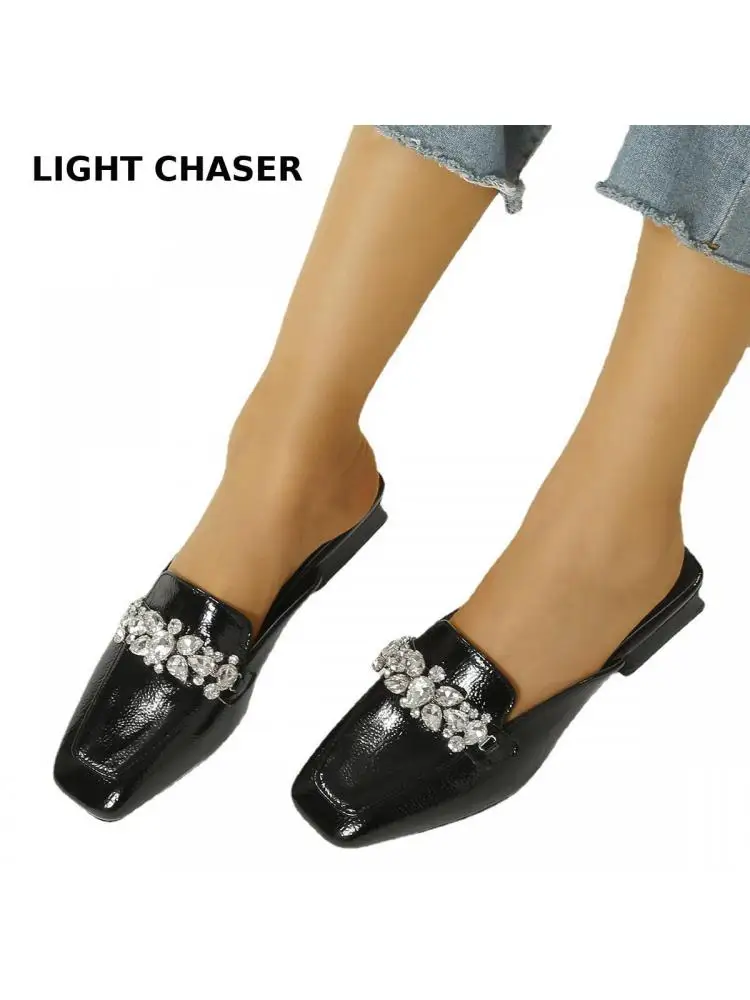 2022 Spring And Summer New Square-toe Low-heeled Muller Shoes Fashion Rhinestone Half Slippers Women's Casual Flat Shoes 41 42