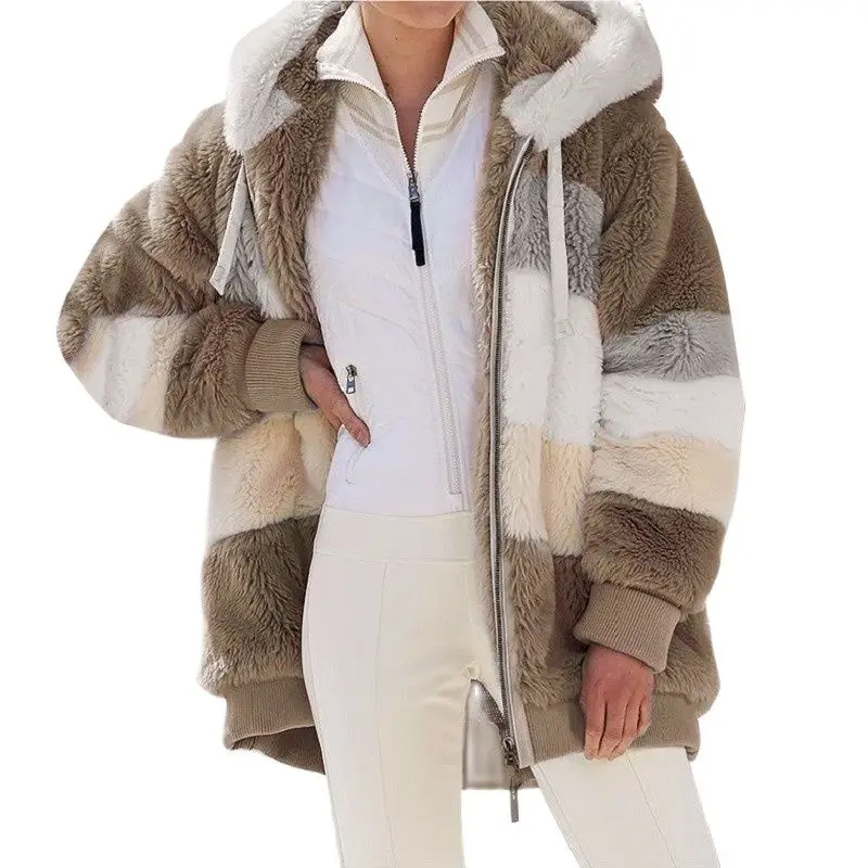 

Женская свободная плюшевая куртка, Осень-зима 2022, Женская куртка с капюшоном, повседневное теплое Женское пальто в полоску на молнии