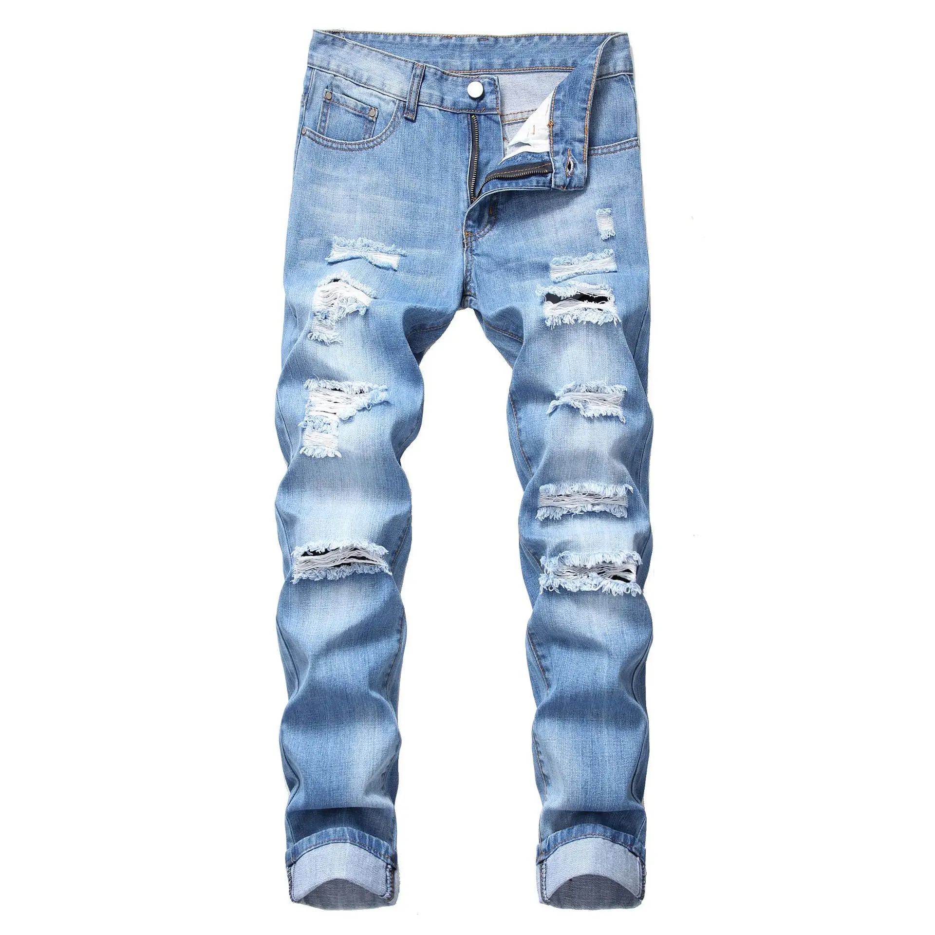 2022 New European American Mens Casual Ripped Jeans Denim Pants Male Worn Out High Quality Retro Biker Straight Trousers