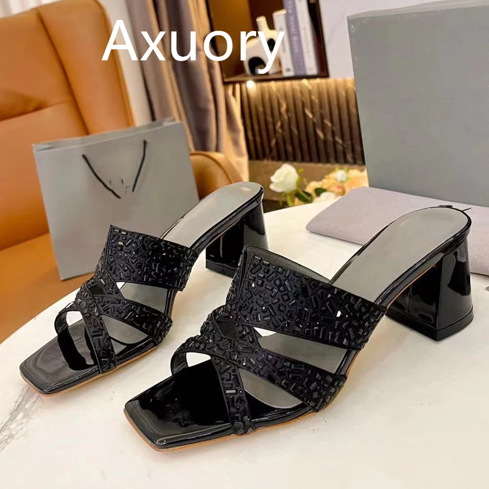 2023 Women's high heels Slippers Shoe fashion Diamond embellishments Luxury Design Diamond Inlay Genuine Leather thick heel