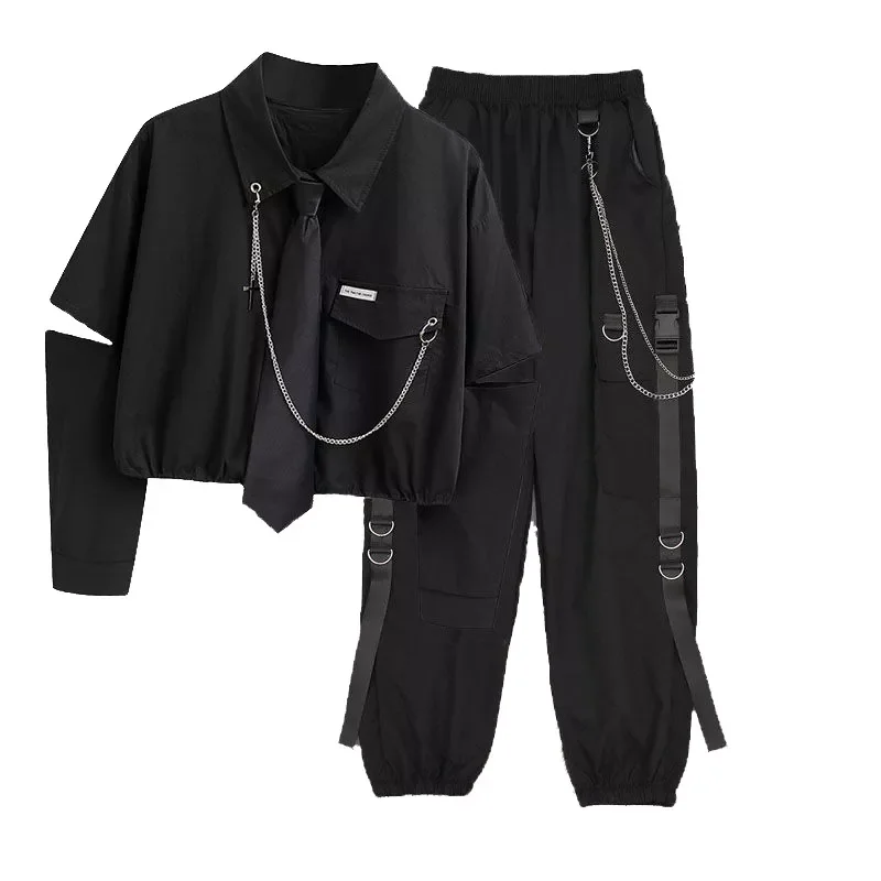 

Новинка 2023, осенние брюки-карго с цепочкой, женская уличная одежда, свободная футболка в стиле Харадзюку + брюки-карго, красивый костюм из дв...