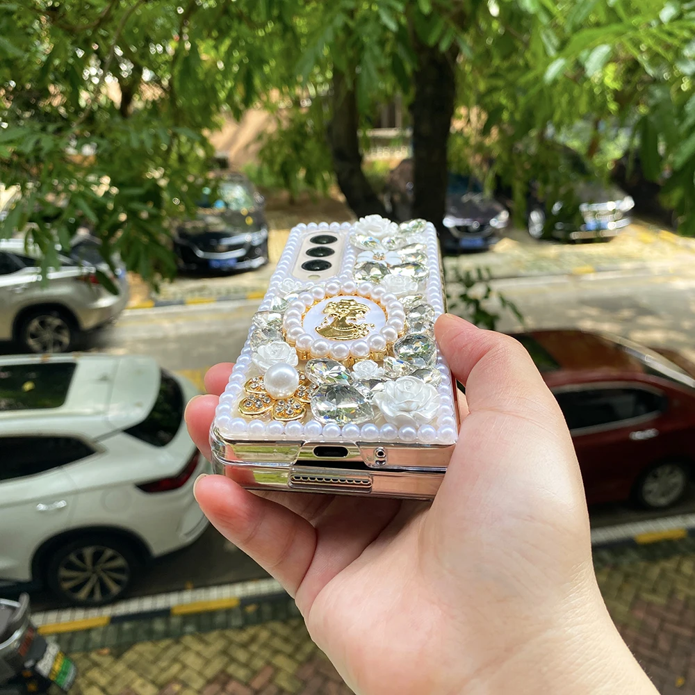 Чехол для телефона в стиле ретро с рельефным жемчугом и стразами Samsung Galaxy Z Fold 6 5 4 3