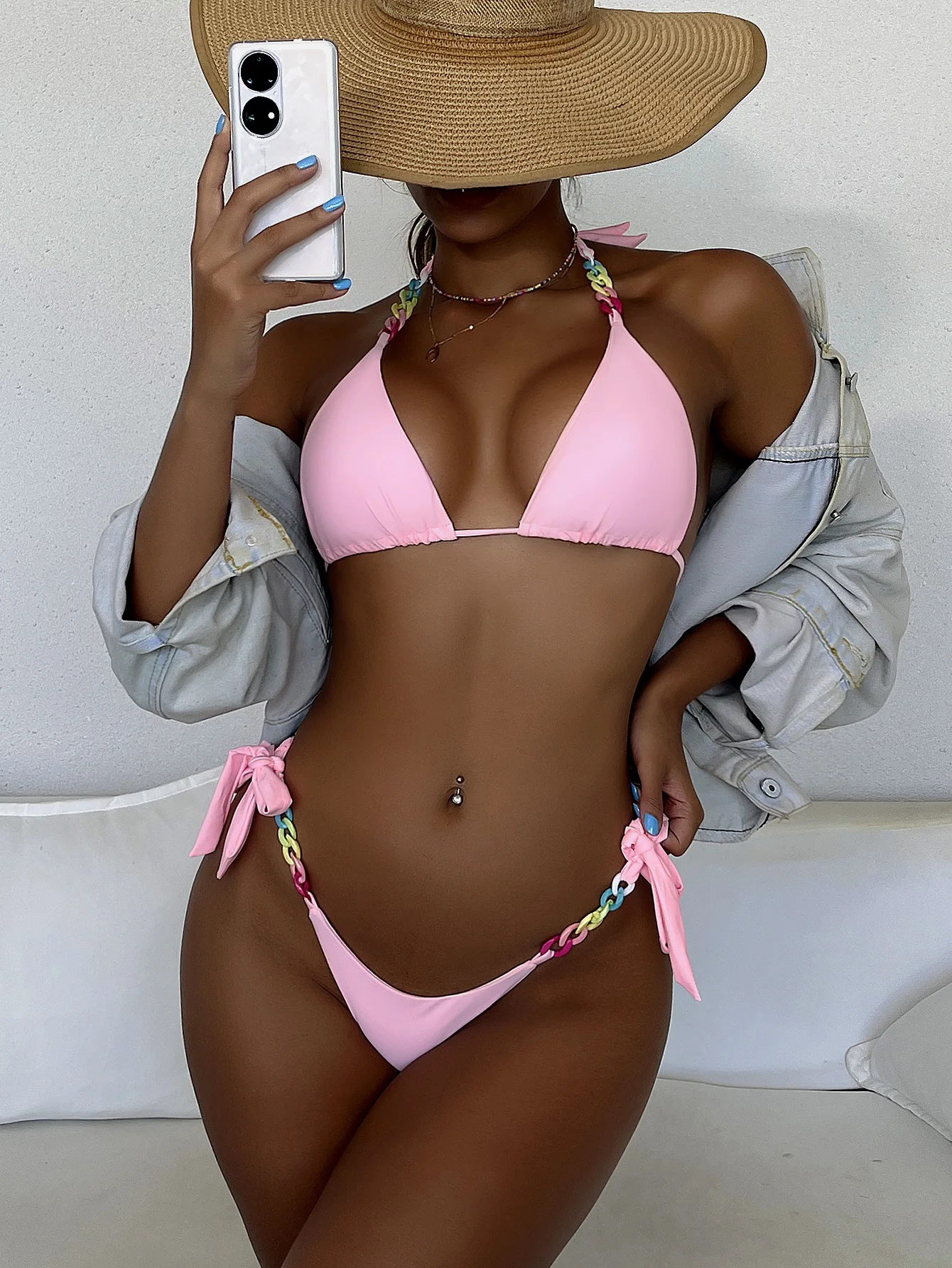 

Сексуальный микро-Бикини на бретелях, купальный костюм, розовый комплект бикини, стринги, костюмы из двух частей, одежда для плавания, женск...