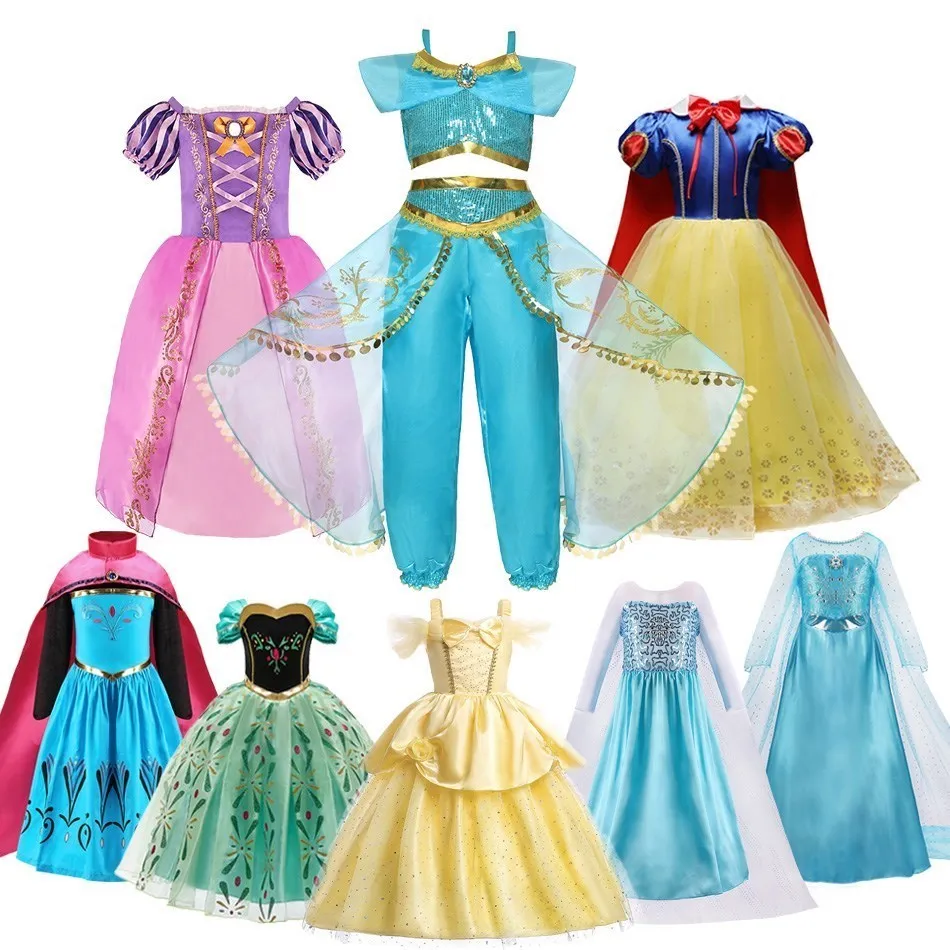 Girl Princess Cinderella Dress Elsa Anna Mermaid Jasmine Belle Snow White Costume Girls Birthday Party Halloween Dress 2-10 Year