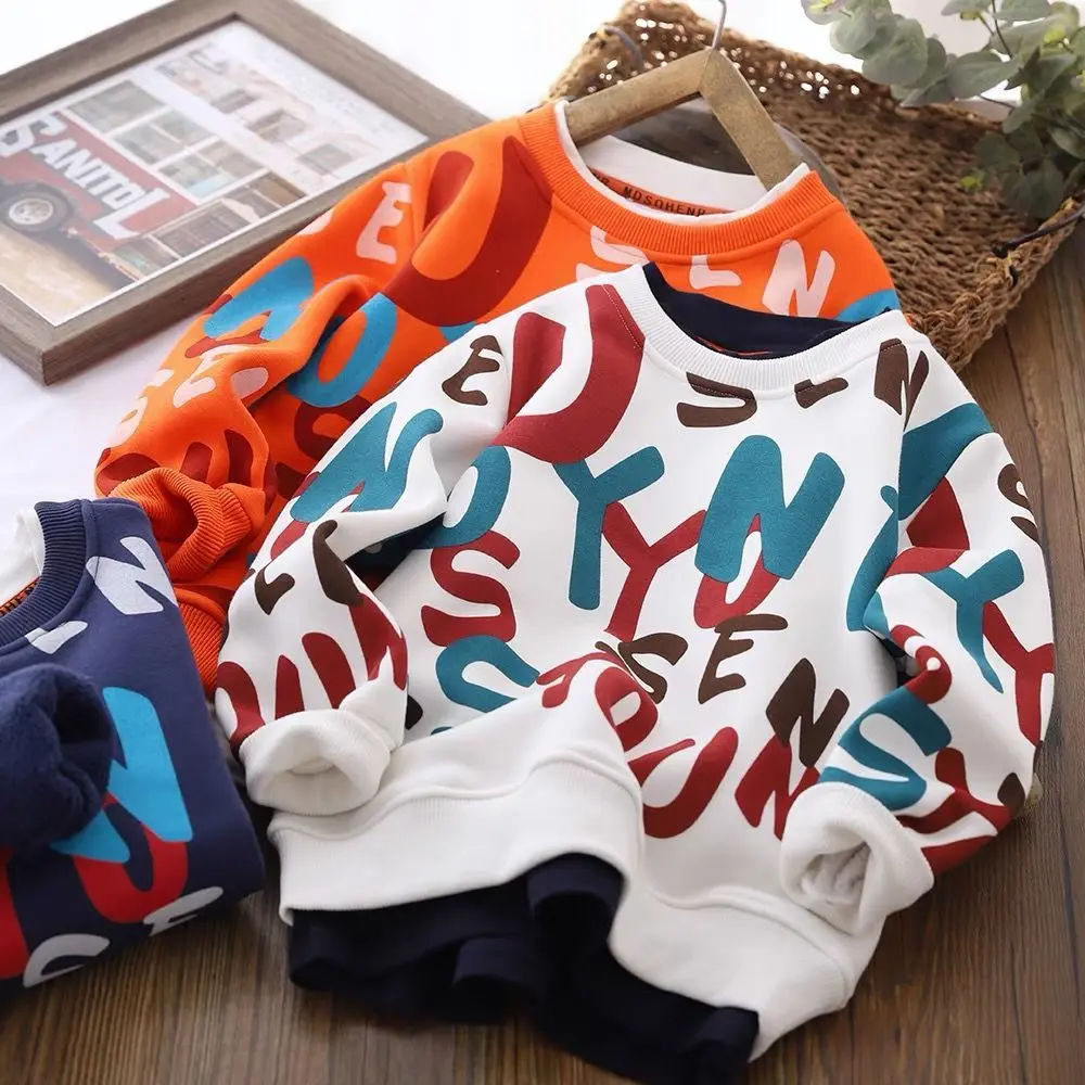 

Boys' Fleece-Lined Sweater 2022Autumn and Winter New Children Fleece Lined Padded Warm Keeping Fake Two Pieces Athletic Clothing