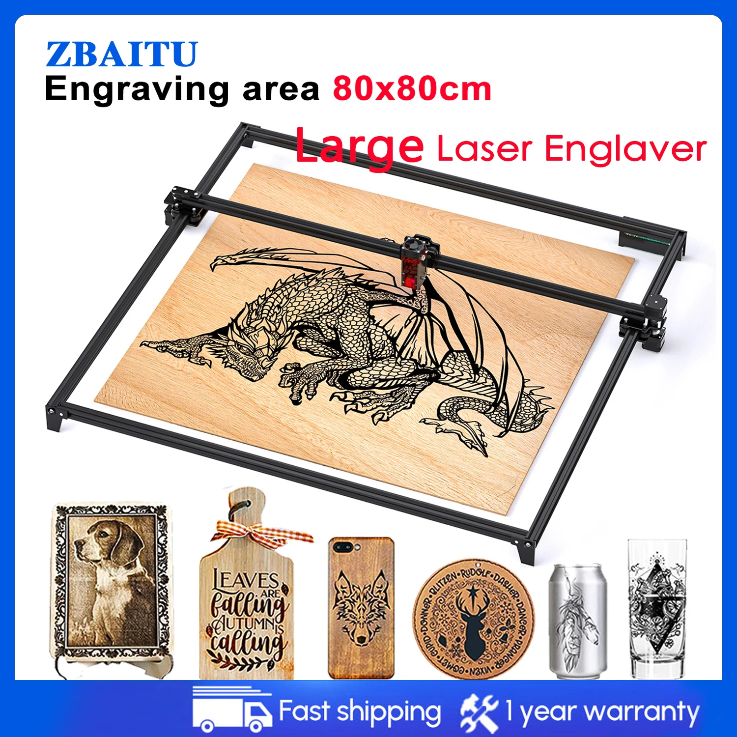 ZBAITU 80*80CM Large Laser Engraver 10w Output Power Diode 80w Engraving Mark Printer Cutter Woodworking Machine CNC Router Tool