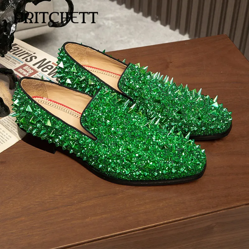 

Green Diamond Rivets Casual Men's Shoes Fashion Party Nightclub Round Toe Square Root Slip-On Luxury Comfortable Loafers
