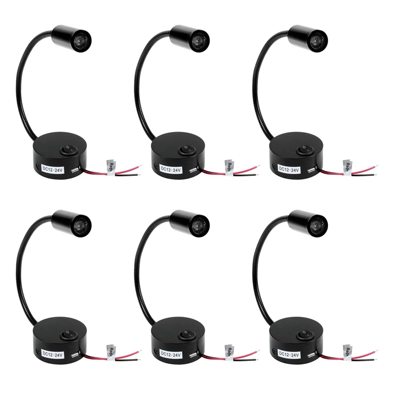 

6X DC 12V Reading Light With USB Charging Port RV Interior Lights Flexible LED Light Fixtures Designed For Car, Caravans