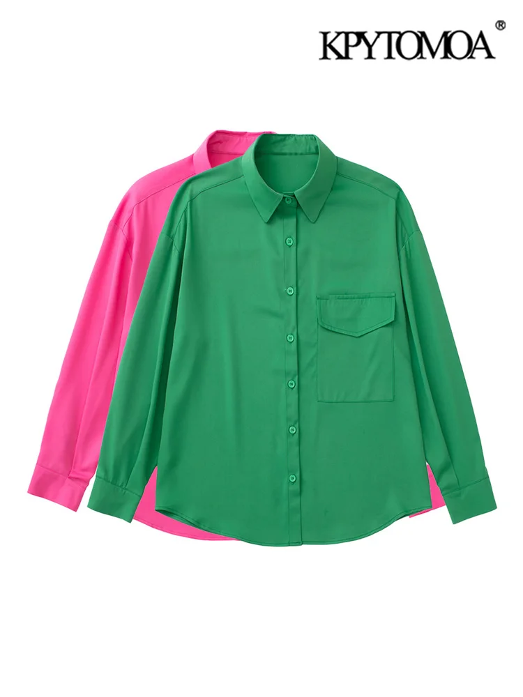 

KPYTOMOA Women Fashion Front Patch Pocket Oversized Shirts Vintage Long Sleeve Button-up Female Blouses Blusas Chic Tops