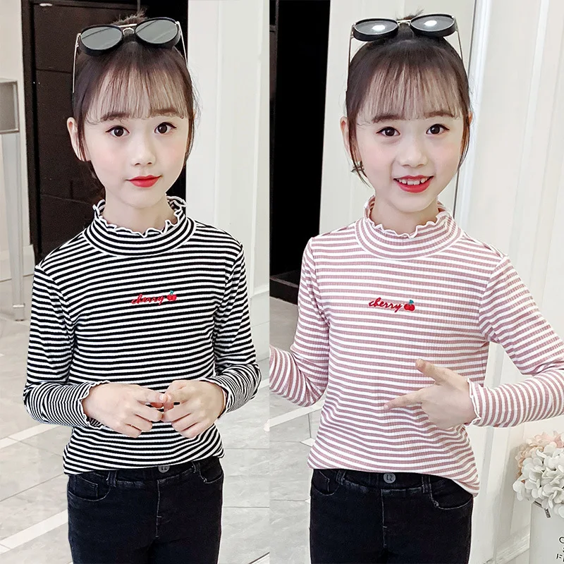 

2023 Korea Autumn Winter Children Pullover Sweaters Clothes Striped Long Sleeve Sport Shirts Elementary Girls Printed O-neck Top