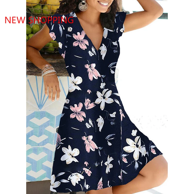

Boho A-line Floral Print Summer Dress Party V Neck Elegant Casual Dress Beach Female Cottagecore Dresses Women Clothes 2021 New