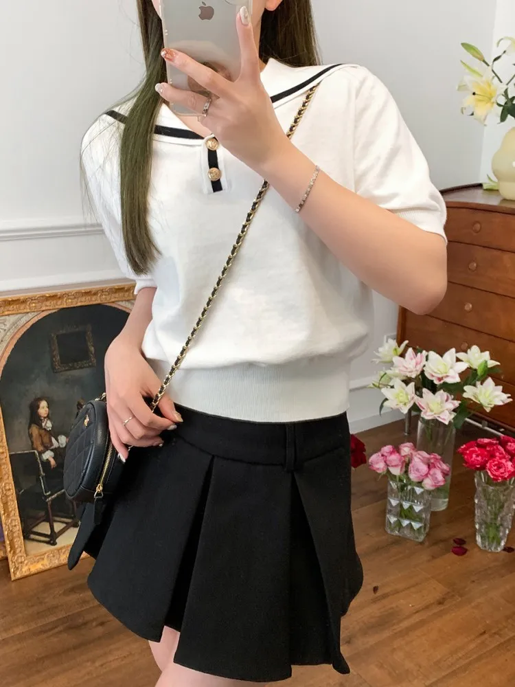 

French Ladies Retro Classic Sailor Collar Knitted T-Shirt 2023 Summer New Simple Women Short-Sleeved Pullover Top