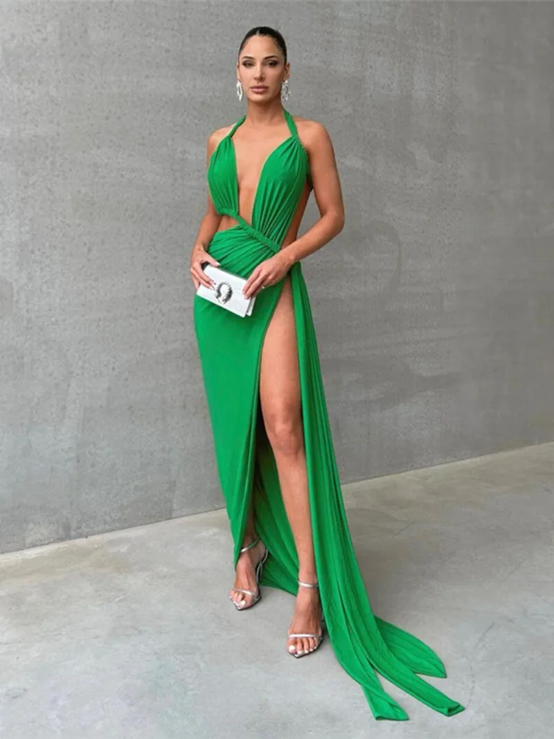 

Женское длинное вечернее платье с открытыми плечами, зеленое ажурное Бандажное Платье макси с высоким разрезом и лямкой на шее, для торжественных случаев
