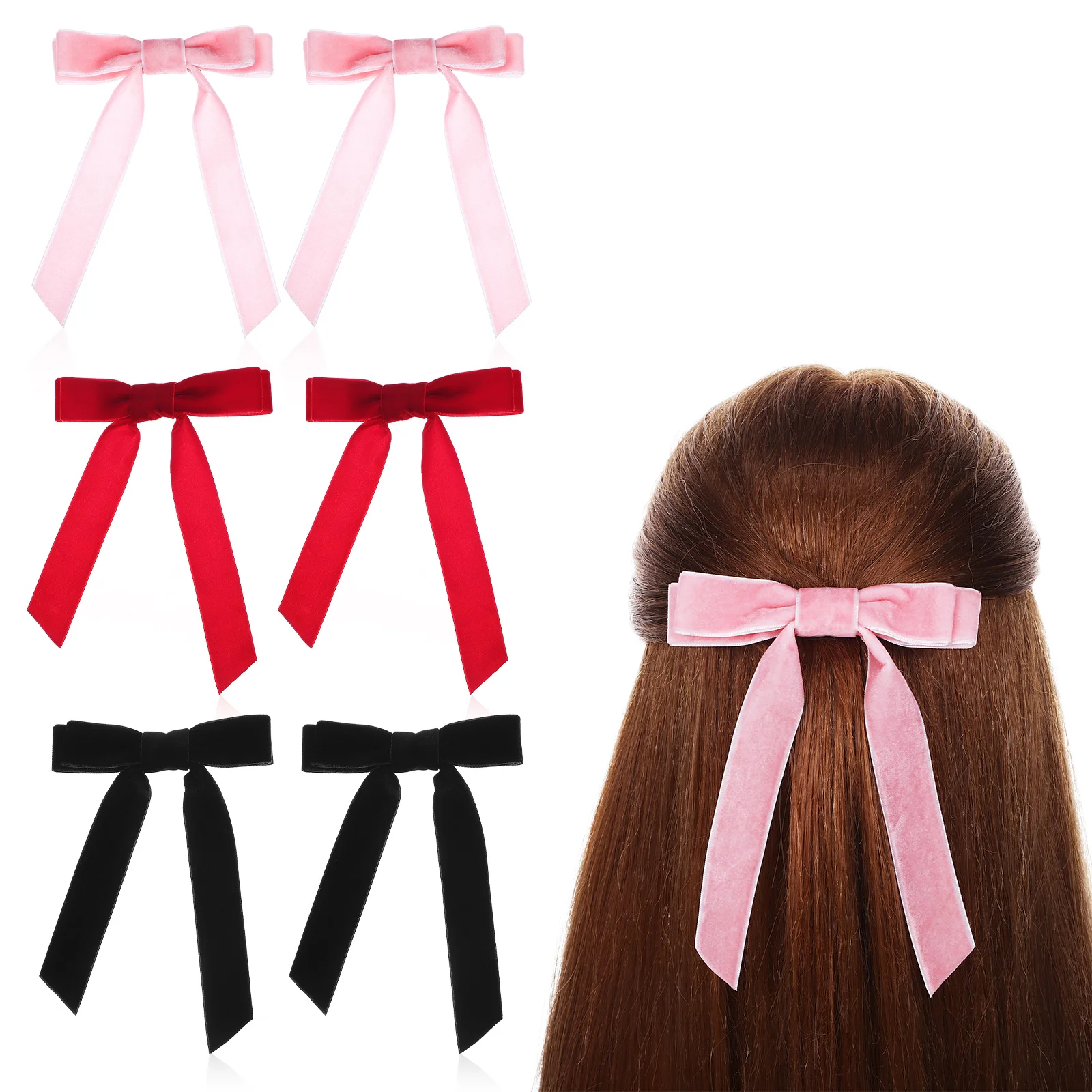 

6 Pcs Large Hair Bows Clips For Women Velvet Ribbon Accessories Girls Miss Silk