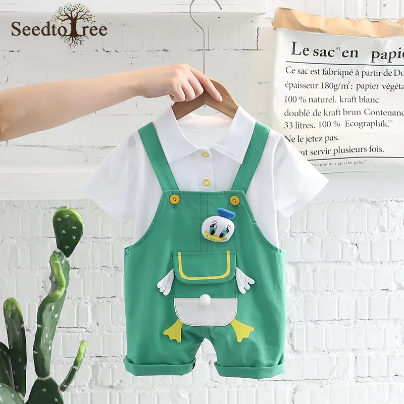 

2022 Summer Casual Children's Sets Solid Color Turndown Collar Short Sleeve T-Shirt Suspender Shorts Two Piece Suit