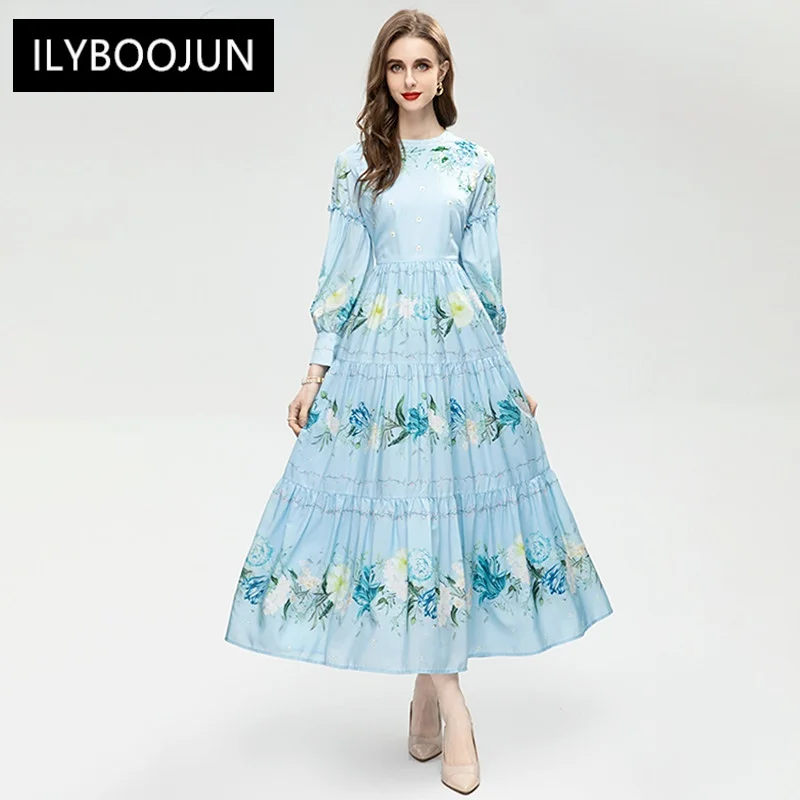 MoaaYina New Fashion Designer Dress Summer Women's Lantern Long Sleeve Flower Printing Beading High Quality Pleated Skirt