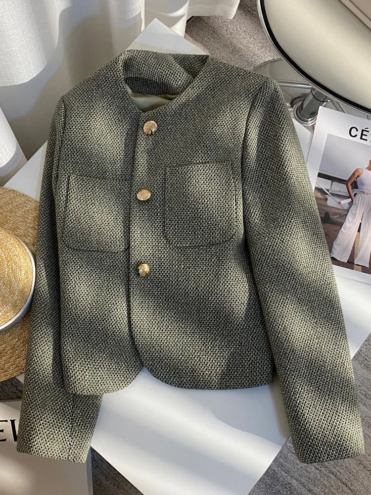 

2023 Spring and Autumn Fashion High-Class Sense of Women's Cold Style Small Perfume Black and Green Suit Versatile Casual Jacket
