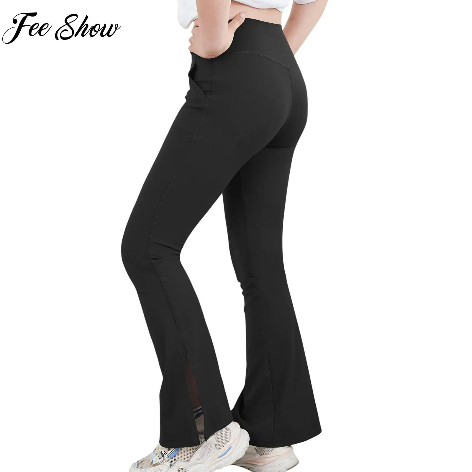 

Kids Girls Bell Bottoms Yoga High Waist Cross Waistband Side Split Flared Pants Bell Bottoms Stretchy Pants Dance Sport Pants