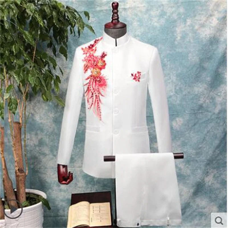 

Stand collar mens Chinese tunic suit set pants wedding suit Sequin embroidery singer chorus stage trajes para hombre white red