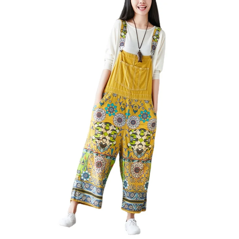 

Джинсовый комбинезон для женщин, новинка, ретро-брюки в этническом стиле с тонкими ремнями и принтом, подтяжки, брюки из чистого хлопка с шир...