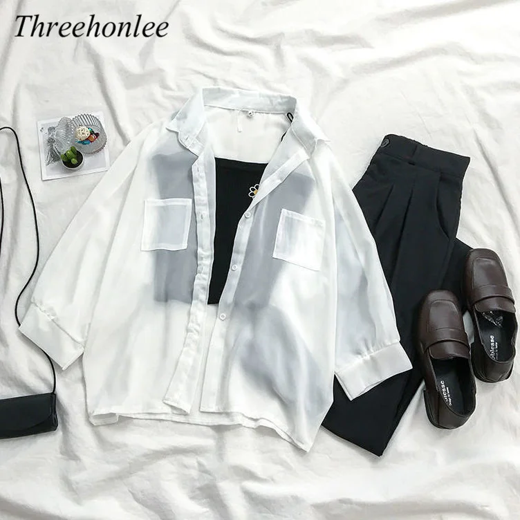 

Женский Повседневный костюм-тройка, тонкая рубашка и черные брюки на бретельках с широкими штанинами в Корейском стиле, лето 2021