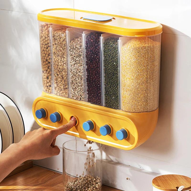 

Wall Mounted Cereals Dispenser Sealed Food Storage Tank Rice Bucket Containers Transparent Press Cereals Bean Organizer Box