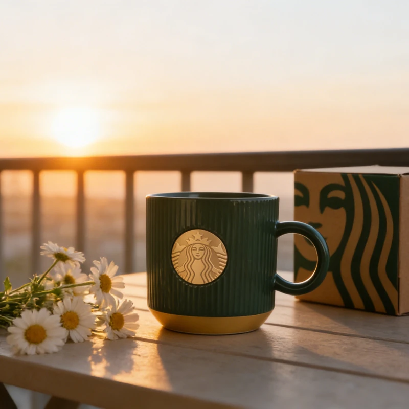 Фото Кружка Starbucks в ретро-стиле с зелеными полосками, золотой эмблемой Siren, 355 мл, стильная кофейная чашка для офиса и дома №4
