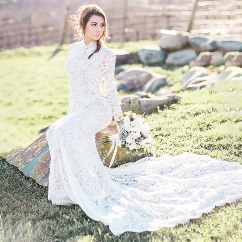 Кружевные свадебные платья с высокой горловиной в стиле бохо сделанные на заказ
