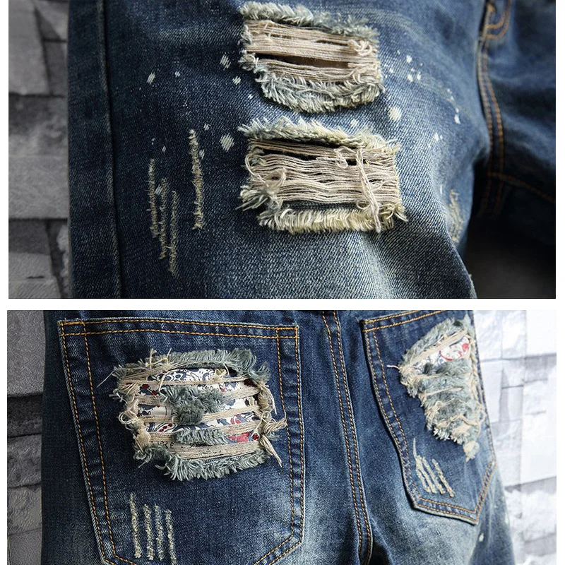 2023 Summer New Foreign Trade Large Denim Shorts Retro Perforated Slim Fit Men's Five-piece Pants Patch Pants Loose Matching