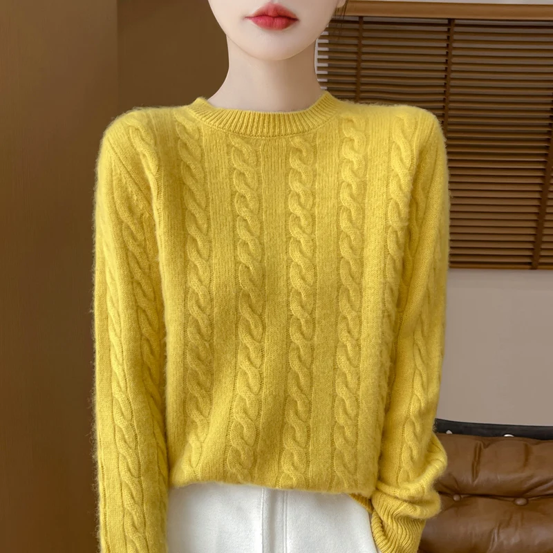 Женский кашемировый свитер с круглым вырезом Свободный теплый вязаный пуловер