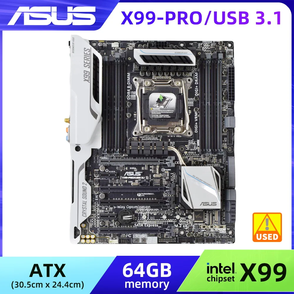 ASUS X99-PRO Motherboard Intel X99 Chipset LGA 2011-3 Slot 8×DDR4 DIMM 64GB 3300(OC) Core i7 Cpus 4xPCI-E X16 Mining Motherboard