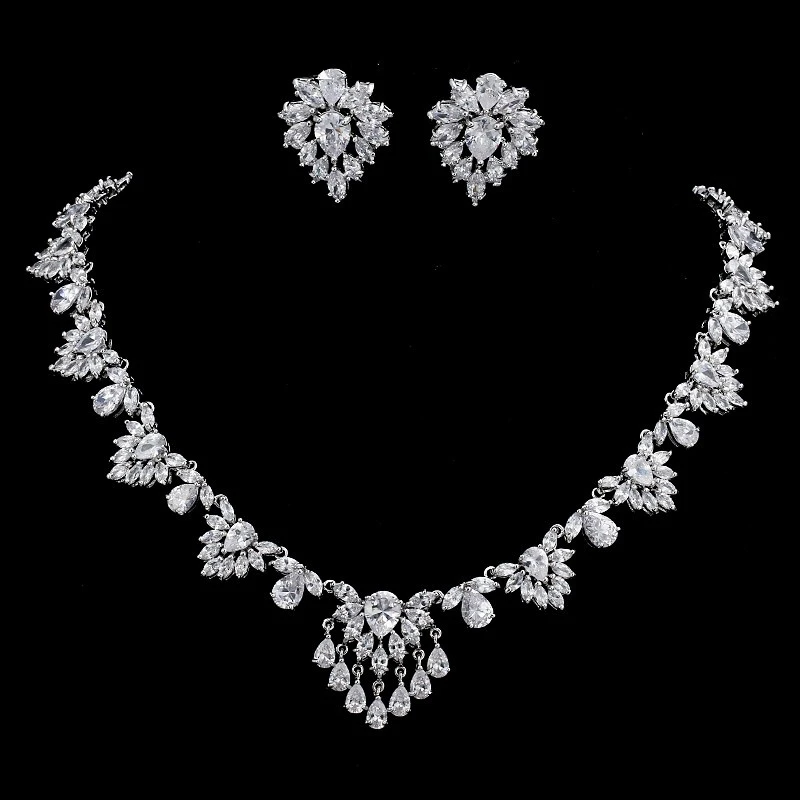 

AMC Luxury Symetrical Flower Necklace and Earring Set AAA Cubic Zircon Bridal Wedding Party Accessories Jewelry Gifts For Women